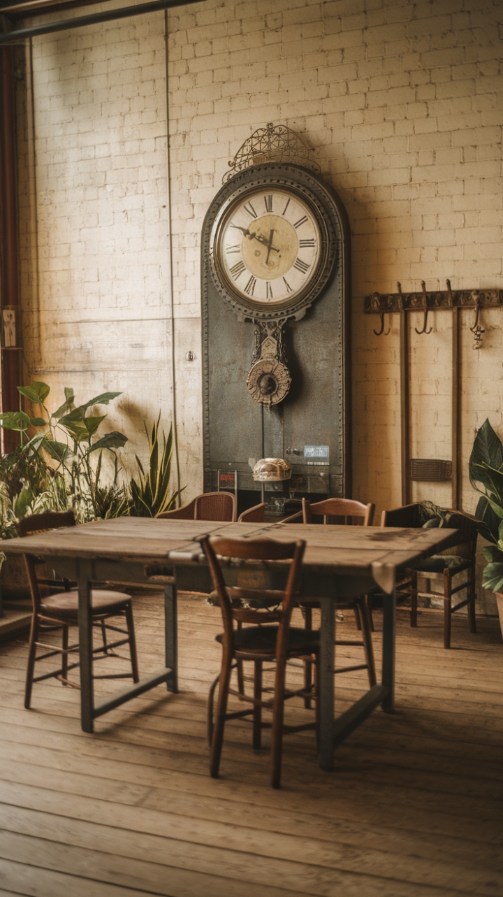 Imagine cozy evenings spent around this antique table, the soft glow of the lights reflecting off the rich wood grain. This vintage industrial space, with its rustic accents and carefully curated details, is a testament to timeless style. The large clock, hanging proudly on the wall, seems to whisper stories of generations past, while the potted plants add a touch of life and vibrancy to the scene.
