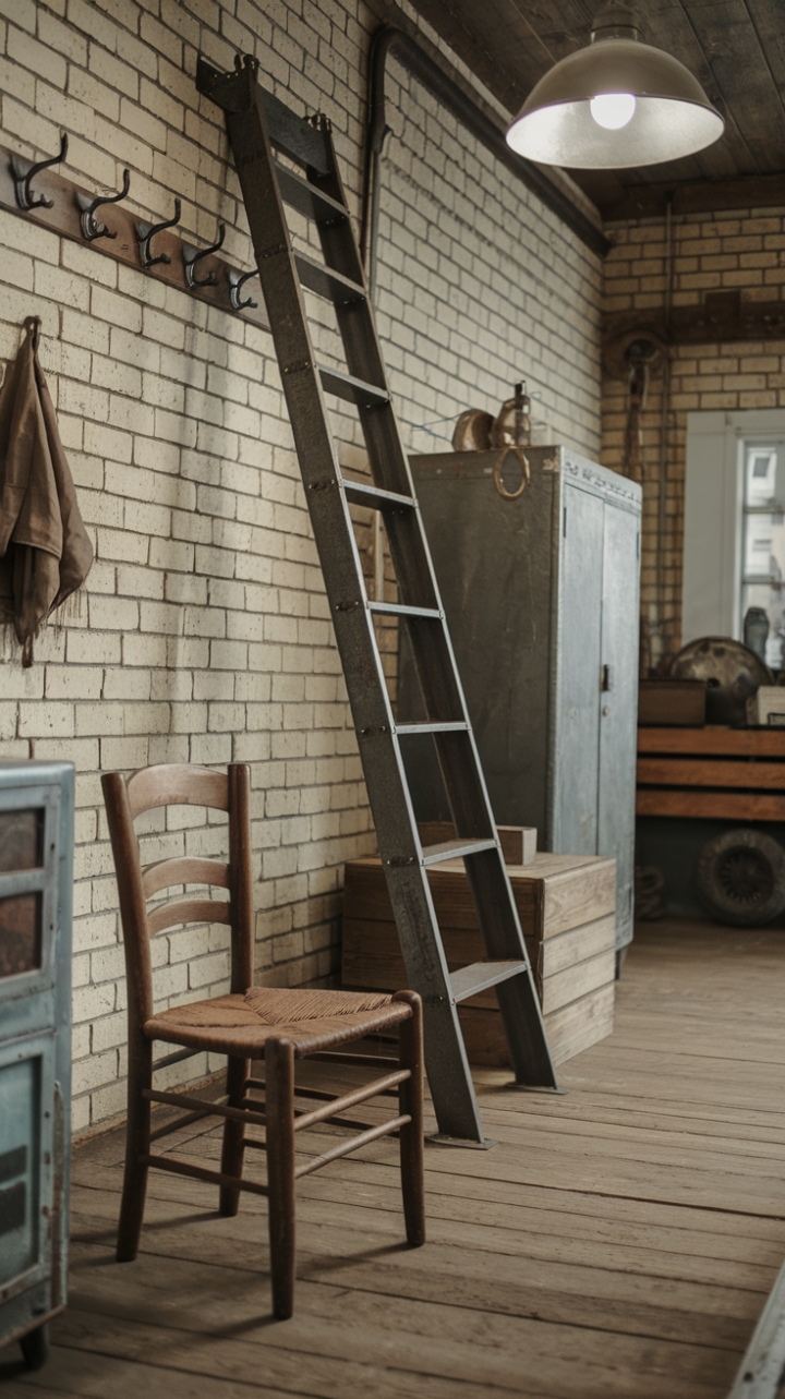 Ready to rediscover the romance of industrial chic? This vintage-inspired space whispers stories of bygone eras with its rustic wooden chair, worn wooden floors, and a charming metal ladder leaning against a character-filled brick wall. The aged metal cabinet and wooden crate add to the curated collection of textures and tones, while the vintage light fixture casts a warm glow, perfect for cozy evenings.
