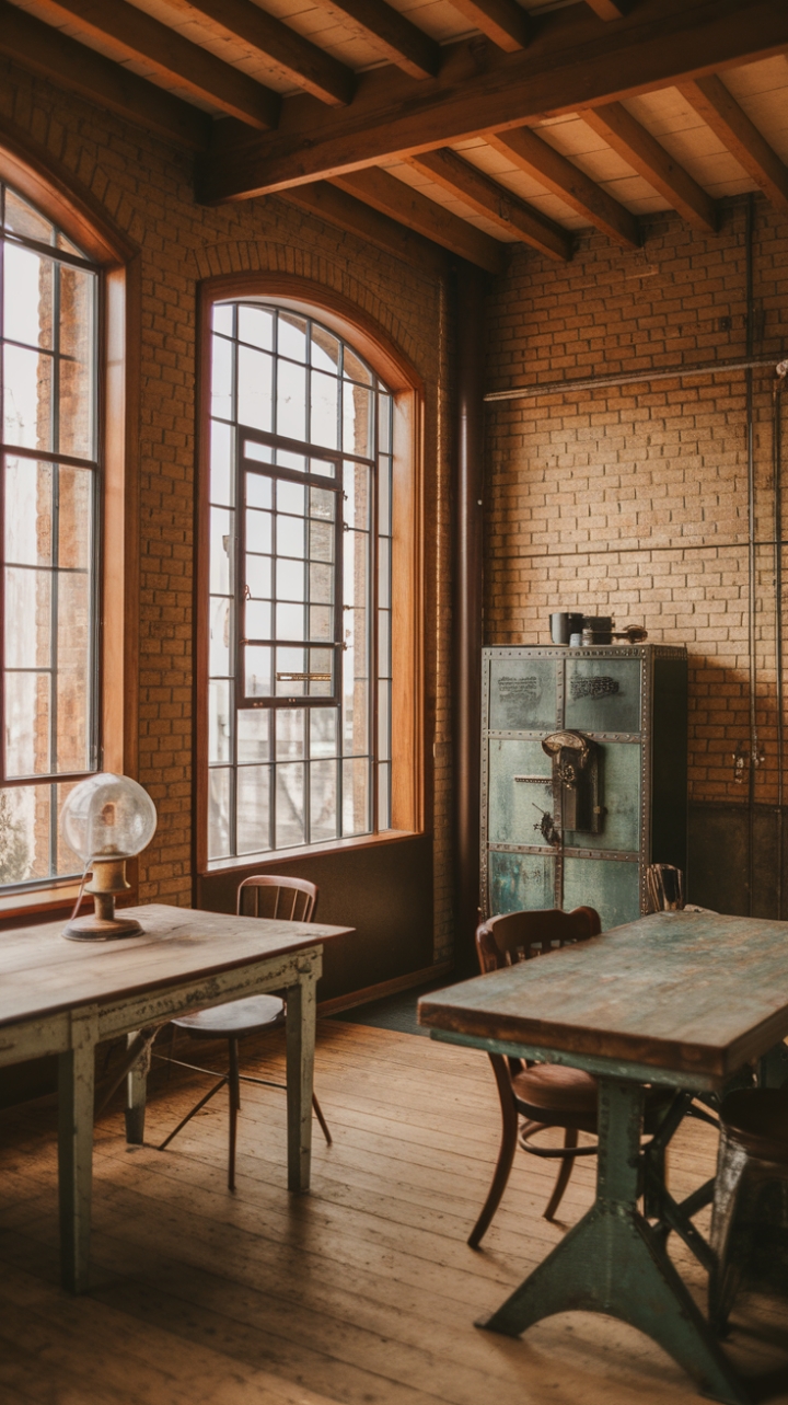 Ready to rediscover the romance of industrial chic? Imagine sinking into the warm embrace of this sun-drenched space, where vintage charm meets raw, exposed brick. A weathered wooden table, bathed in the golden light streaming through expansive windows, anchors the room, its rustic beauty complemented by a quirky steampunk cabinet and the soft glow of a vintage lamp. The rich textures and warm orange hues create an inviting atmosphere, perfect for quiet contemplation or lively gatherings.