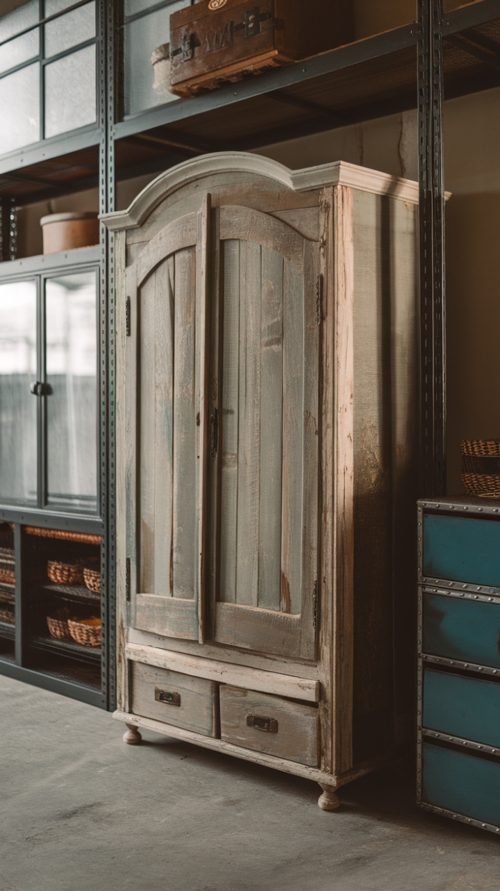 Ready to rethink urban storage? This vintage wardrobe, crafted from reclaimed wood, finds its perfect home within a raw, industrial loft setting. The rustic charm of the piece contrasts beautifully with the sleek steel cabinet and concrete floor, creating a space that's both stylish and functional.