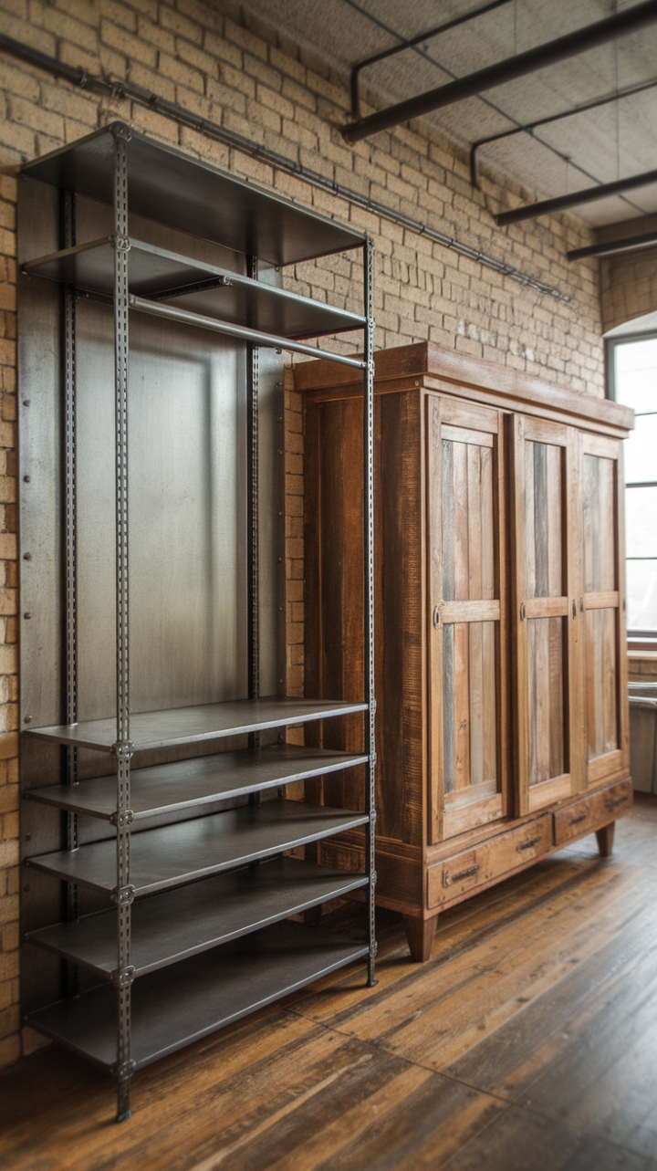 Ready to transform your space with raw, industrial charm? This vintage steel closet, paired with a rustic reclaimed wood wardrobe, is the perfect blend of rugged and refined. Exposed brick and soaring ceilings complete the factory-chic aesthetic, creating a haven of unique style.
