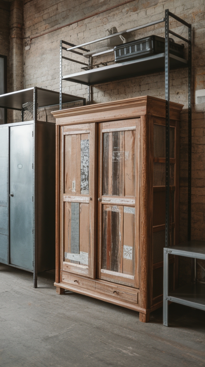 Craving a unique urban storage solution? This image showcases the magic of blending vintage charm with industrial grit. A reclaimed wood wardrobe takes center stage, complemented by a metal shelf and steel cabinet, all set against a backdrop of exposed brick and concrete. The result? Raw, refined, and undeniably cool.