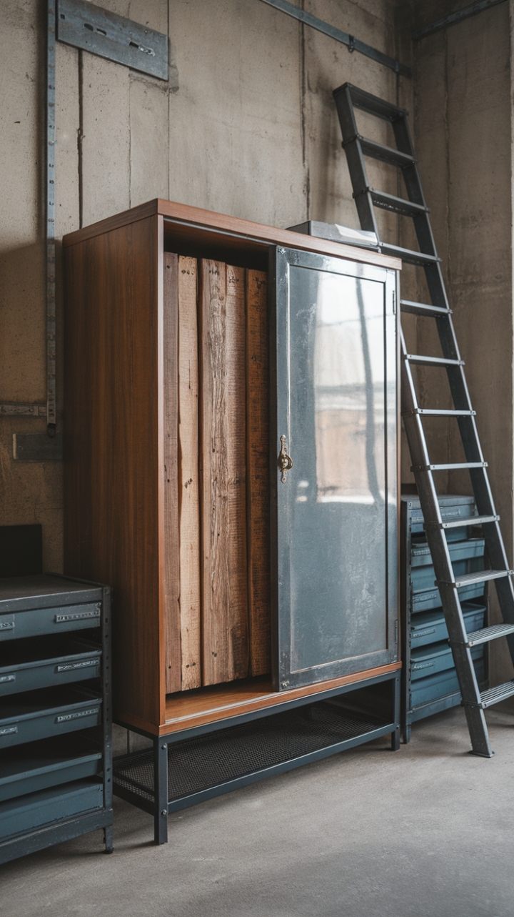 Craving a space that's both stylish and seriously functional? This image showcases the perfect marriage of industrial grit and vintage grace. A timeworn wardrobe, its metal door a striking contrast to its aged wood frame, takes center stage. Beside it, a rustic closet built from reclaimed wood and a sturdy metal shelving unit provide ample storage. The concrete backdrop and a leaning metal ladder add to the raw, urban aesthetic, creating a space that's as captivating as it is practical.