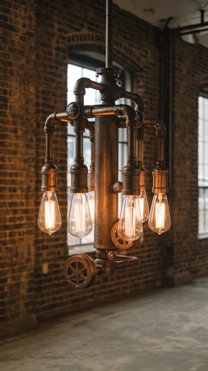 Ready to transform your space with raw, industrial chic? This vintage pipe chandelier, a masterpiece of steampunk design, casts a warm, inviting glow against the backdrop of exposed brick. Its rustic charm and exposed bulbs create an atmosphere of captivating authenticity.