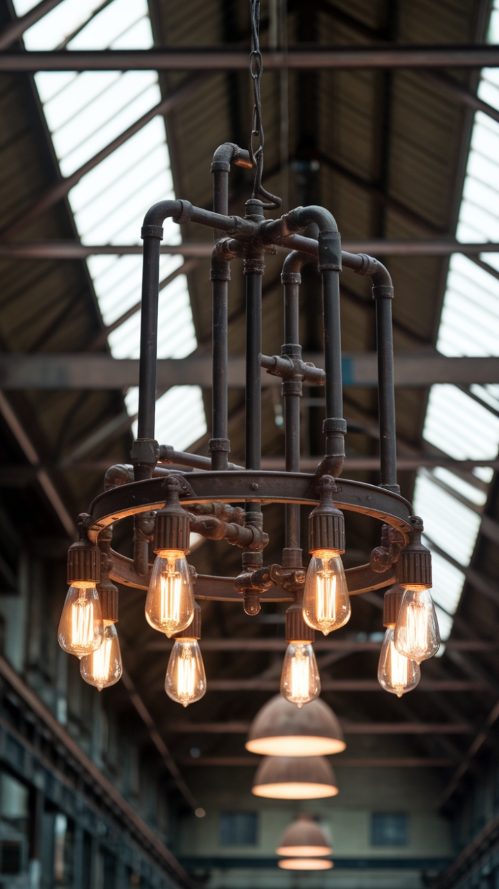 Imagine this striking metal pipe chandelier as the centerpiece of your next design project. Its unique character, born from a bygone era, adds a touch of rugged elegance to any space, perfectly complementing the raw beauty of exposed brick or the sleek lines of modern furniture. A captivating conversation starter, guaranteed to transform your home.