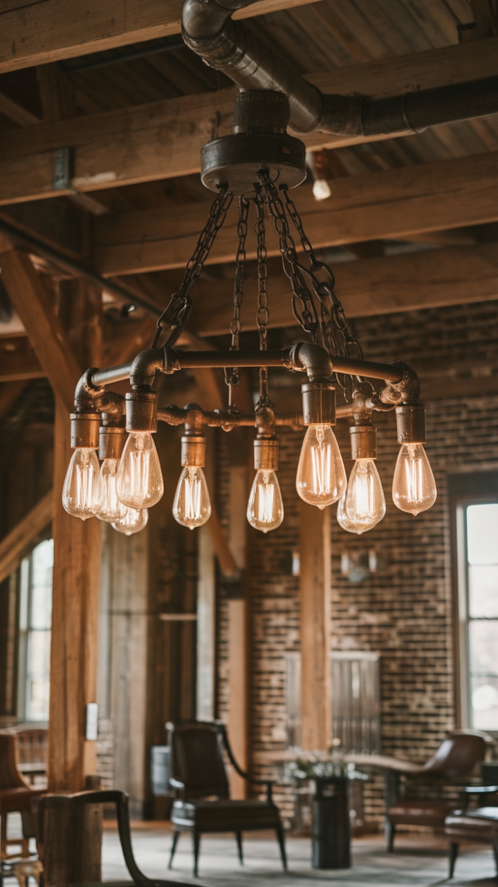 Ready to fall in love with the perfect blend of rustic charm and industrial edge? This vintage pipe chandelier, a symphony of exposed bulbs and metallic chains, casts a warm glow against the backdrop of exposed wooden beams and time-worn brick. The scene is pure comfort, a haven of handcrafted details and lived-in luxury.