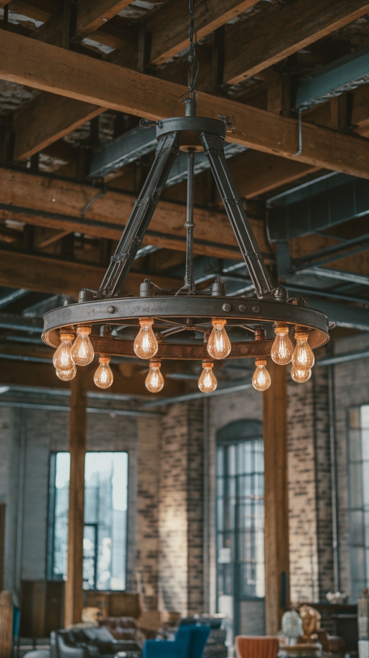 Unleash your inner urbanite with this raw, industrial-chic loft. A magnificent vintage-inspired metal chandelier, a constellation of exposed bulbs, anchors the space, its warm glow illuminating rustic wooden beams and exposed brick walls. The perfect blend of vintage charm and modern grit.
