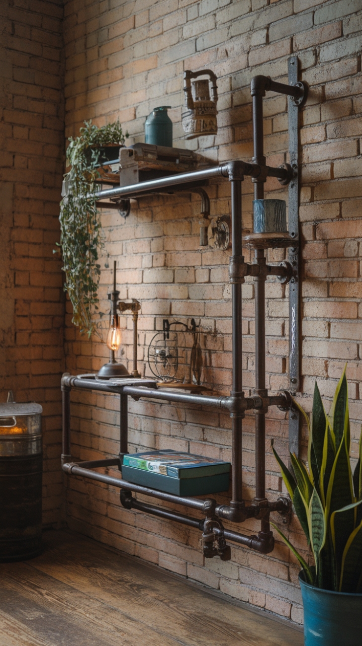Raw industrial cool meets vintage charm. This pipe shelf, a masterpiece of repurposed metal, anchors a rustic brick wall with its eclectic mix of greenery, warm lighting, and curated objects. The perfect blend of rugged texture and refined style.