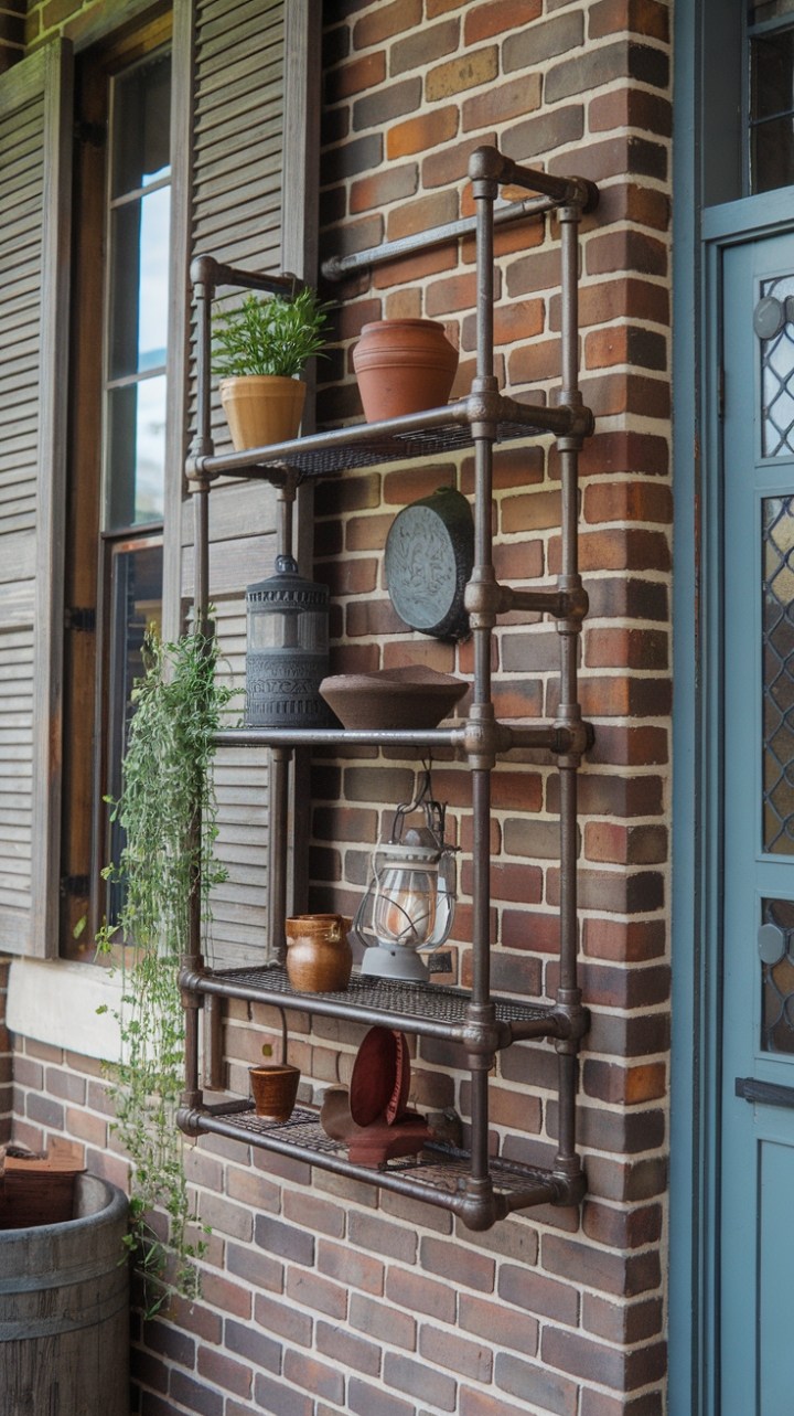 Unleash your inner urbanite with this vintage industrial pipe shelving unit. Its rugged steel pipes, distressed to perfection, create a captivating focal point against the rustic brick backdrop. The layered design showcases your curated collection of pots, a charming lantern, and a touch of greenery, all while adding functional style to any space. The glimpse of a window with wooden shutters hints at the warmth and character within.