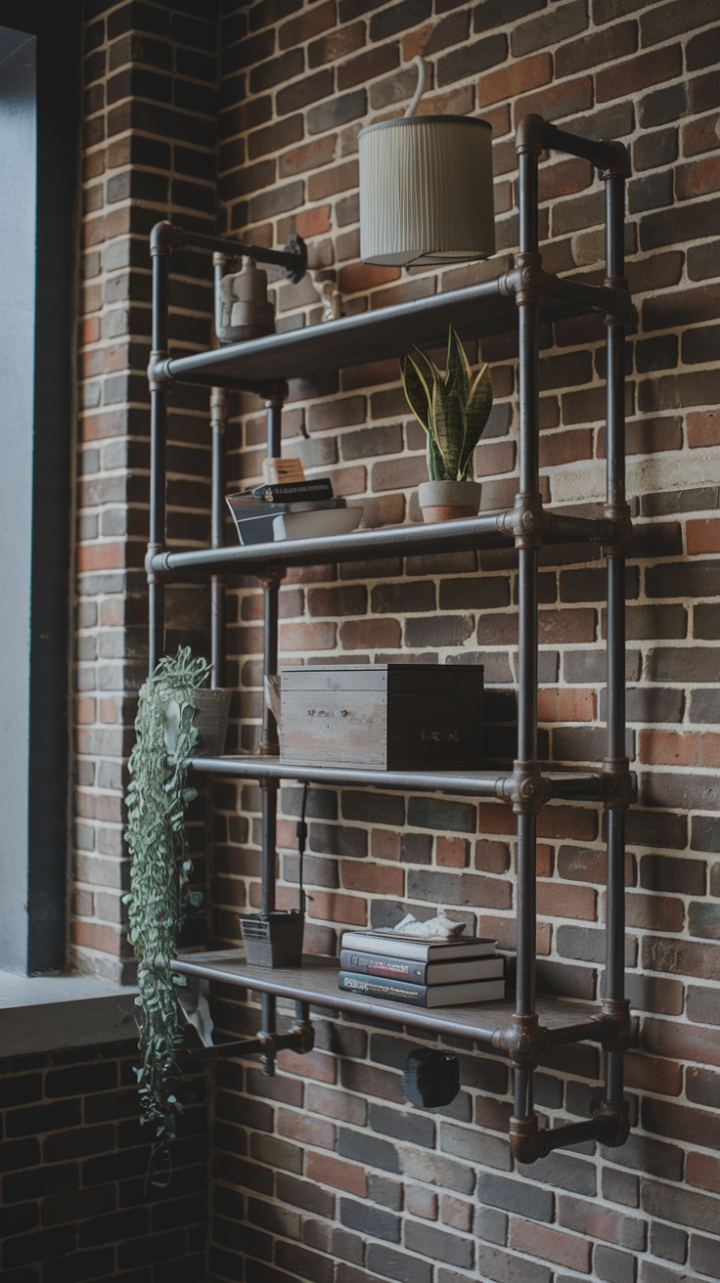 Love the look of exposed pipes and reclaimed materials? This stunning industrial pipe shelf is the perfect blend of rugged and refined. Its multiple layers offer ample display space for your favorite books, plants, and decorative objects, creating a unique and personalized gallery wall. The warm light filtering through a nearby window adds a touch of softness to the otherwise industrial aesthetic, making it ideal for a modern, yet cozy living space.
