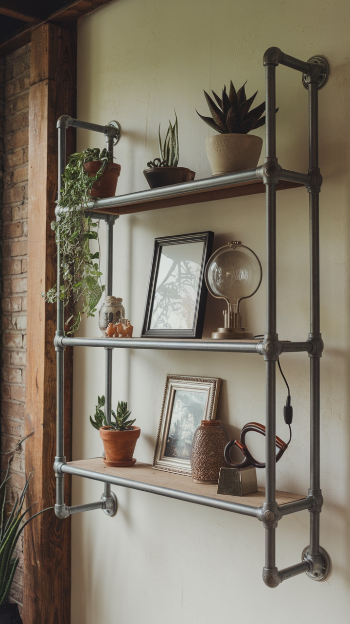Unleash your inner urbanite with this raw, industrial pipe shelving unit. Its rugged steel frame, perfectly imperfect, provides the ideal backdrop for curated collections – from lush greenery to cherished keepsakes. The exposed brick and vintage wood beam only amplify its inherent charm, creating a space that's both stylish and undeniably lived-in.