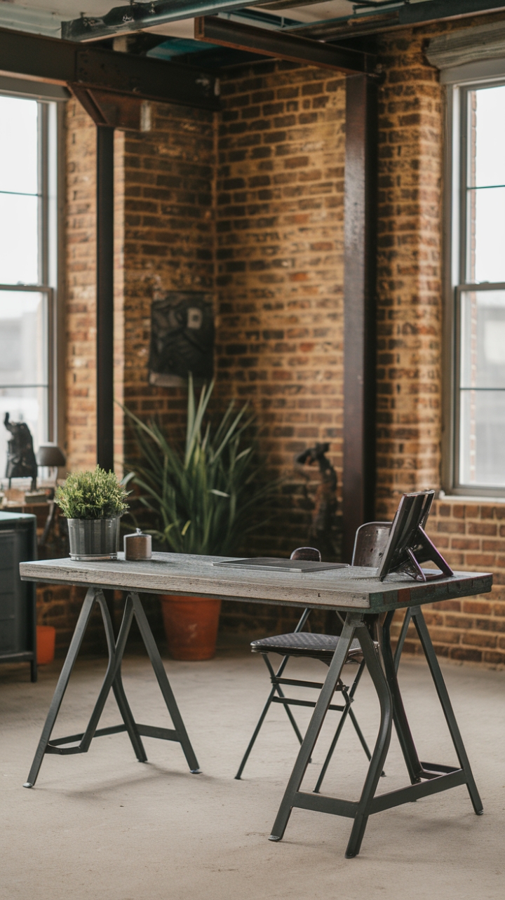 This isn't just a workspace; it's a statement. A reclaimed wood and metal desk commands attention against a backdrop of exposed brick and steel beams, creating a vintage-industrial haven. The carefully curated details, from the potted plant to the thoughtfully placed objects, speak volumes about the owner's unique style.