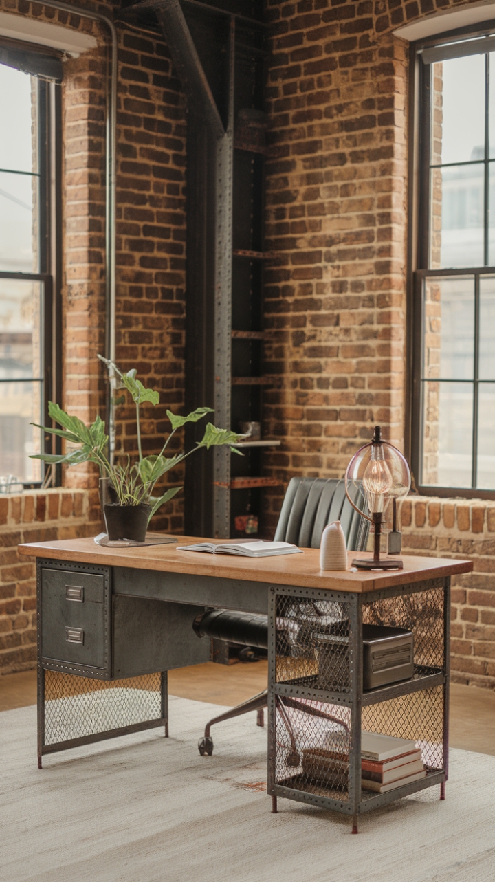 Exposed brick, steel beams, and a vintage-inspired industrial desk—this workspace is a masterclass in urban design. The juxtaposition of raw materials and carefully curated details creates a space that's both functional and strikingly stylish. A perfect blend of rugged and refined.