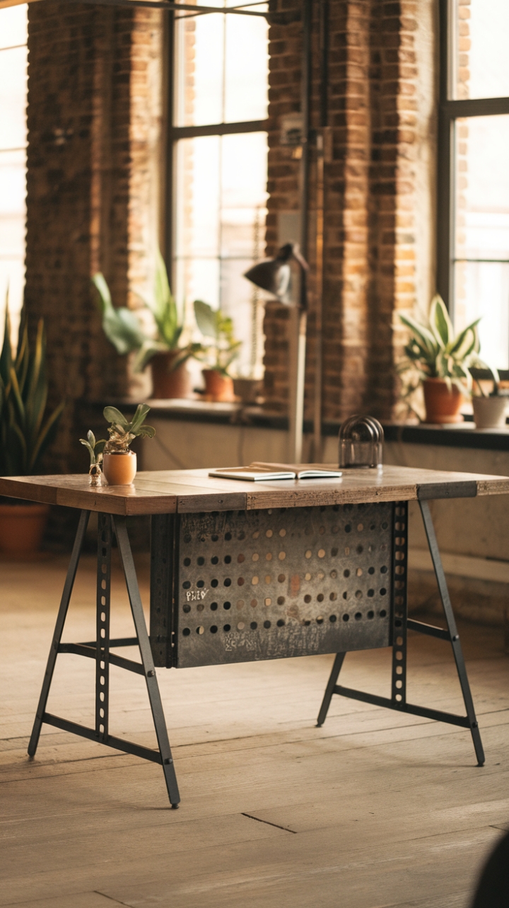 Exposed brick, warm lighting, and the perfect blend of vintage and industrial design elements come together in this inspiring loft workspace. A minimalist metal and reclaimed wood desk anchors the scene, proving that functionality and style can coexist beautifully. The perfect blend of rugged and refined.