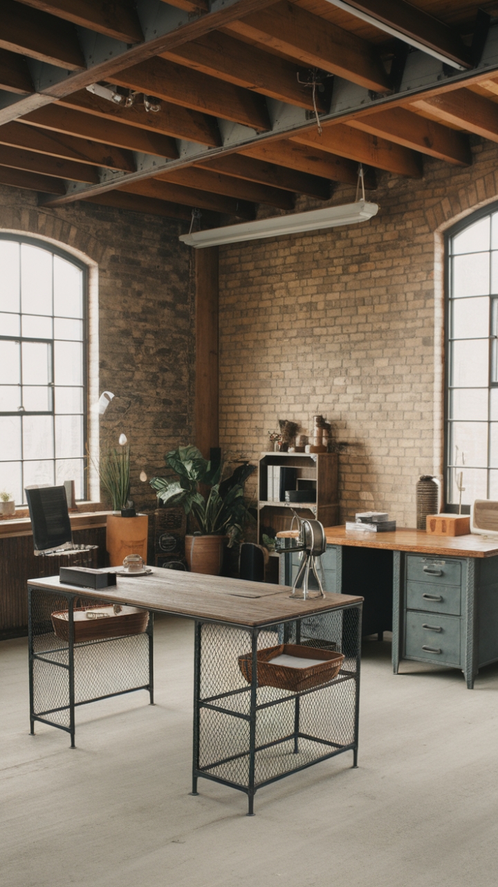 Raw industrial chic meets minimalist grace in this vintage-inspired workspace. Exposed brick, reclaimed wood, and a metal-framed desk create a haven of refined ruggedness, perfectly complemented by carefully curated vintage accents.
