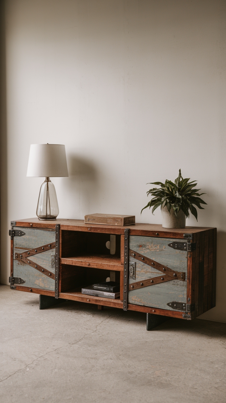 Ready to inject some raw, industrial charm into your living space? This vintage media console, with its distressed wood and exposed metal brackets, is a showstopper. The rustic finish and warehouse-style design add a touch of gritty cool against the clean white wall, while the potted plant and lamp introduce a hint of lived-in warmth. Perfect for a concrete floor, this piece is more than just storage—it's a statement.
