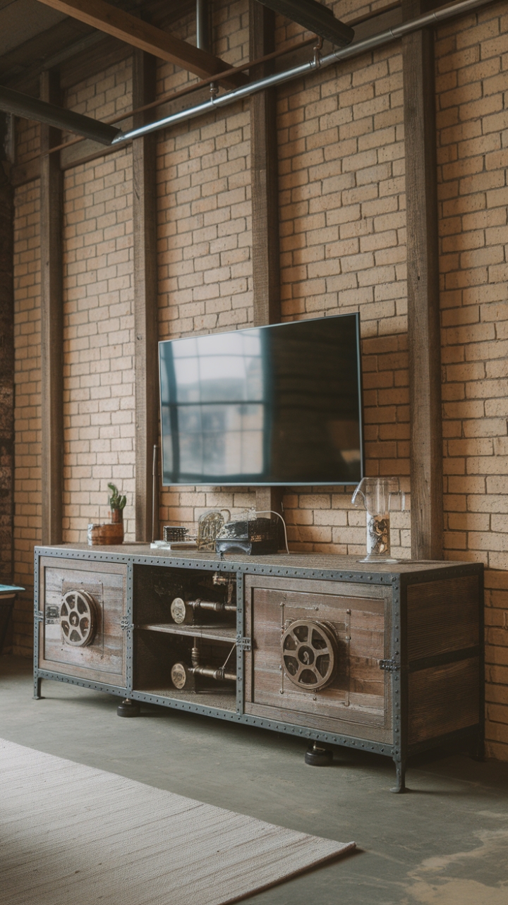 Ready to infuse your space with raw, industrial charm? This vintage media console, a masterpiece of distressed wood and exposed metal, is the perfect blend of rustic and refined. Visible gears and pipes whisper tales of a bygone era, while its warehouse-chic design adds a touch of steampunk magic to any loft-inspired living room. The minimalist setting only enhances its rugged beauty.