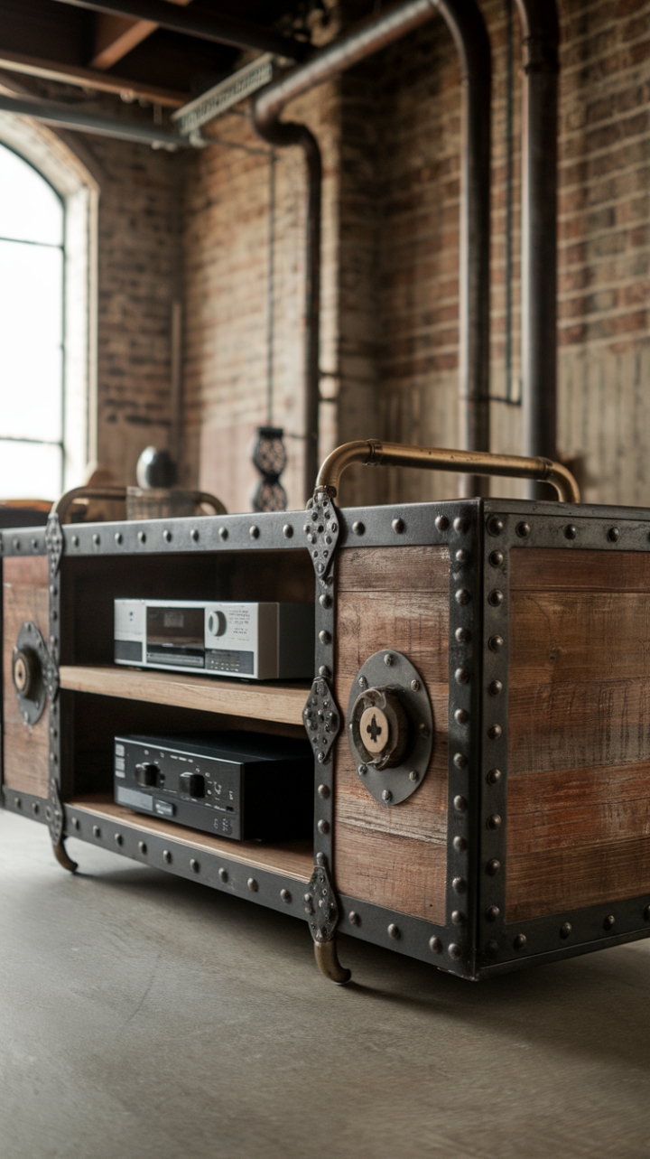Ready to inject some serious industrial chic into your living space? This vintage media console, a masterpiece of distressed wood and gleaming metal, is the perfect blend of rustic charm and steampunk sophistication. Its exposed screws, sturdy brackets, and ample shelving offer both style and functionality, making it a statement piece in any warehouse-style loft or eclectic home.