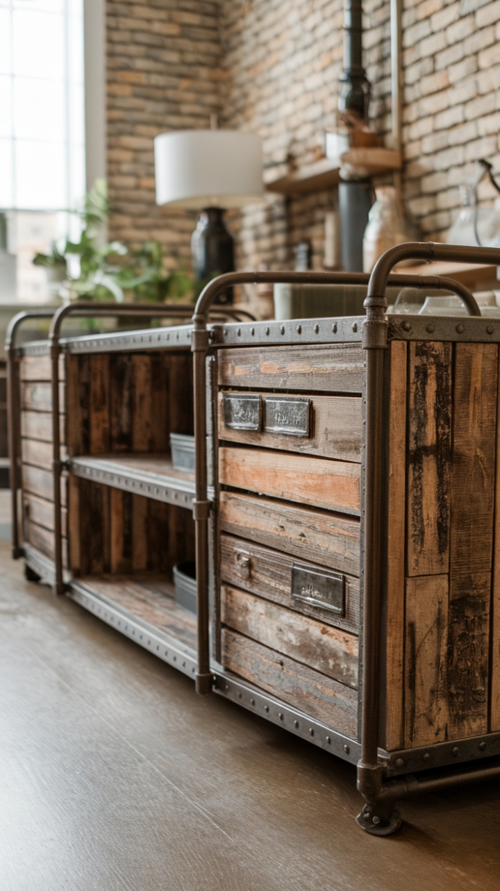 Ready to infuse your space with raw, industrial charm? This vintage media console, a masterpiece of distressed wood and rugged metal, boasts a unique blend of rustic textures and functional design. The vertical wooden planks and exposed metal piping add undeniable character, while the open shelving provides ample display space for your curated collection. Imagine it nestled against a brick wall, a statement piece that speaks volumes about your distinctive style.