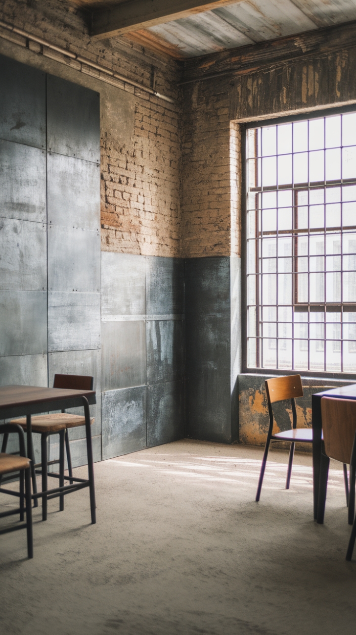 Ready to embrace raw, urban chic? This industrial haven, with its exposed brick and metal accents, concrete floors, and a generous window framed in steel, speaks volumes about bold design. The distressed textures and natural light create a captivating contrast, perfectly complemented by the simple elegance of the wooden table and chairs.