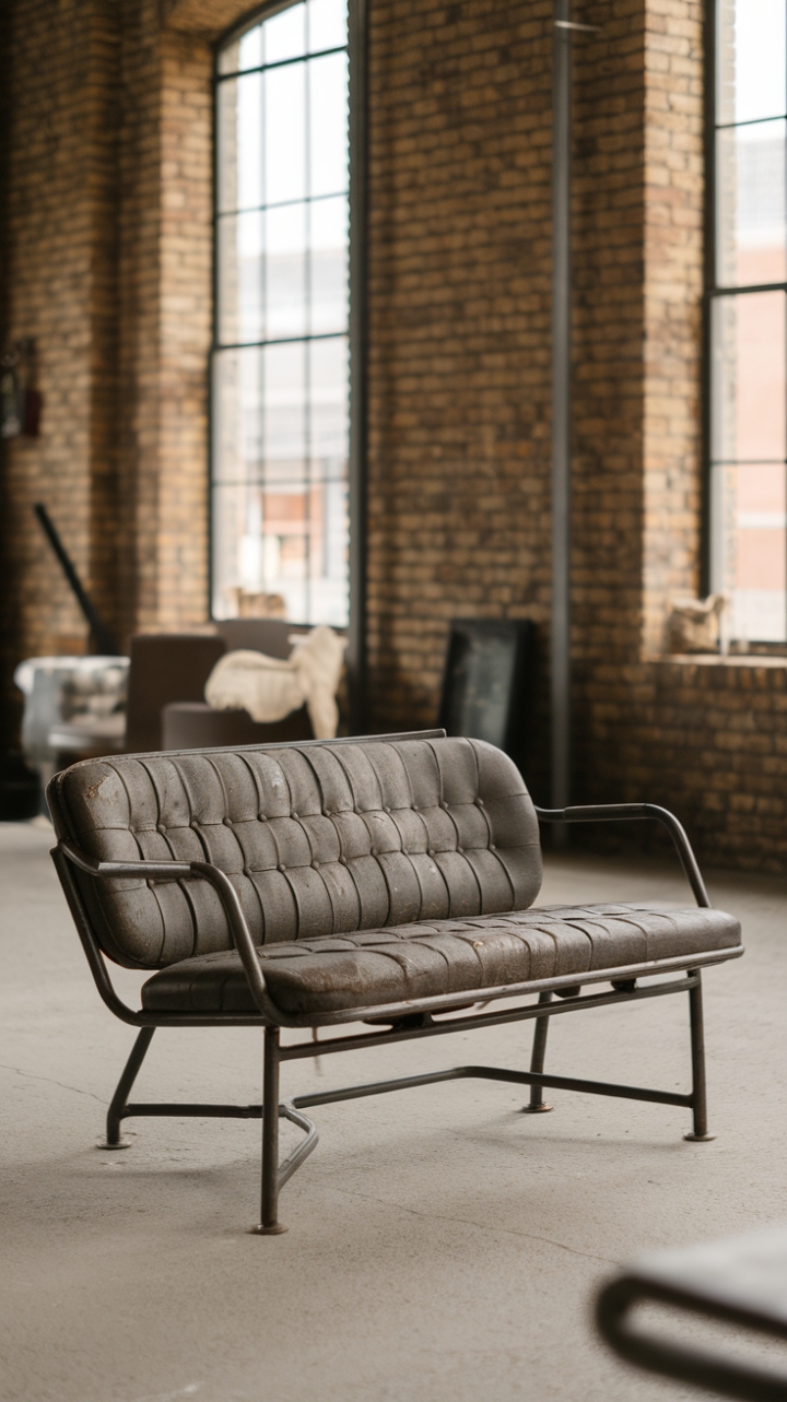 Raw urban grit meets refined comfort. This vintage industrial sofa, a masterpiece of distressed leather and exposed metal, anchors a minimalist loft space defined by exposed brick and clean lines. The perfect blend of rugged texture and sophisticated simplicity.
