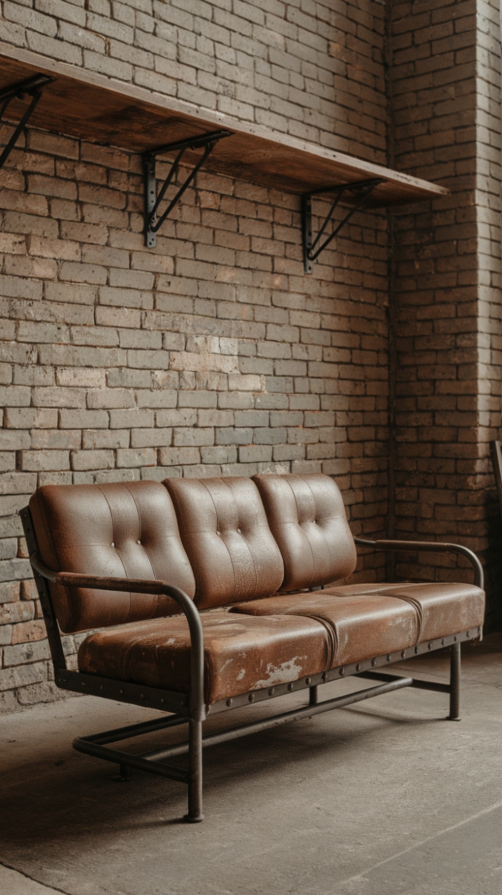 Craving that gritty, industrial chic? This image showcases a stunning vintage sofa—its worn brown upholstery and robust metal frame a perfect match for the exposed brick walls and reclaimed wood shelving. The concrete floor adds to the authentic factory loft vibe, creating a space that's both stylish and undeniably cool.