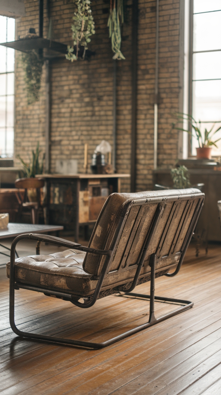 Reclaimed and reimagined. A vintage industrial sofa takes center stage in this factory-chic loft, its weathered charm perfectly complementing the exposed brick walls and warm wood floors. The space whispers tales of urban cool, a testament to the beauty of blending industrial aesthetics with lived-in luxury.