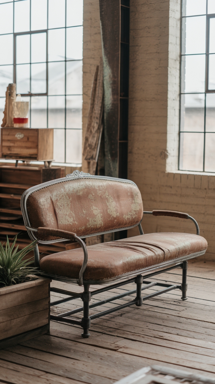 Sunlight streams through expansive windows, illuminating a breathtaking loft defined by its rustic charm. A vintage industrial sofa, a masterpiece of distressed elegance, commands attention, its metal frame a bold statement against the reclaimed wood floor. A simple wooden planter adds a touch of organic serenity, completing this perfectly imperfect scene.