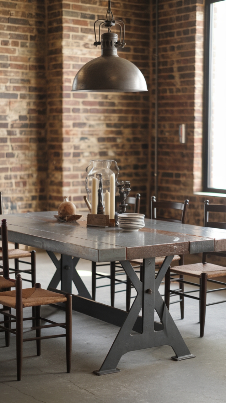 Raw texture meets refined style in this urban loft dining space. A reclaimed wood table, grounded by a sleek steel base, anchors the room's industrial-chic aesthetic. Woven chairs and exposed brick walls add warmth and character, while a minimalist pendant light casts a soft glow above. The concrete floor completes the look, creating a space that's both edgy and inviting.