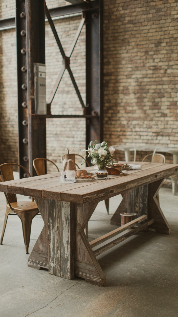 Imagine cozy gatherings around this stunning farmhouse table! Its rich, reclaimed wood surface whispers stories of the past, perfectly complemented by the raw beauty of exposed brick walls and industrial metal supports. Vintage chairs add a touch of old-world elegance, while the cool concrete floor grounds the space, creating a rustic-industrial haven that's both stylish and inviting.