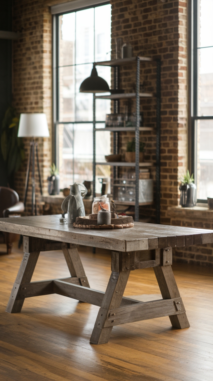 Reclaimed wood and raw brick collide in this stunning farmhouse dining space. The distressed industrial table anchors the room, its rustic charm perfectly complemented by minimalist modern accents. A testament to the beauty of blending contrasting styles.