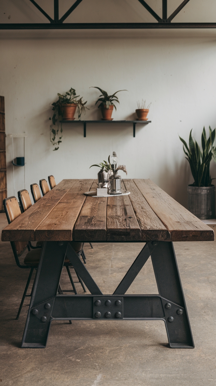 Imagine cozy evenings gathered around this stunning industrial dining table, its weathered wood and sturdy steel a testament to enduring style. The high ceilings and concrete floor create a dramatic backdrop, while vintage chairs and a touch of greenery soften the space, creating a captivating blend of rustic and refined.