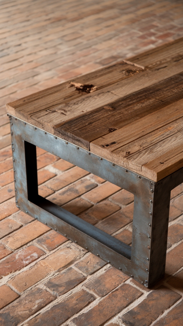 Ready to infuse your space with raw, rustic charm? This reclaimed wood coffee table, perched atop exposed brick, boasts a weathered top and a sleek, brushed metal base—a captivating blend of vintage allure and industrial edge.