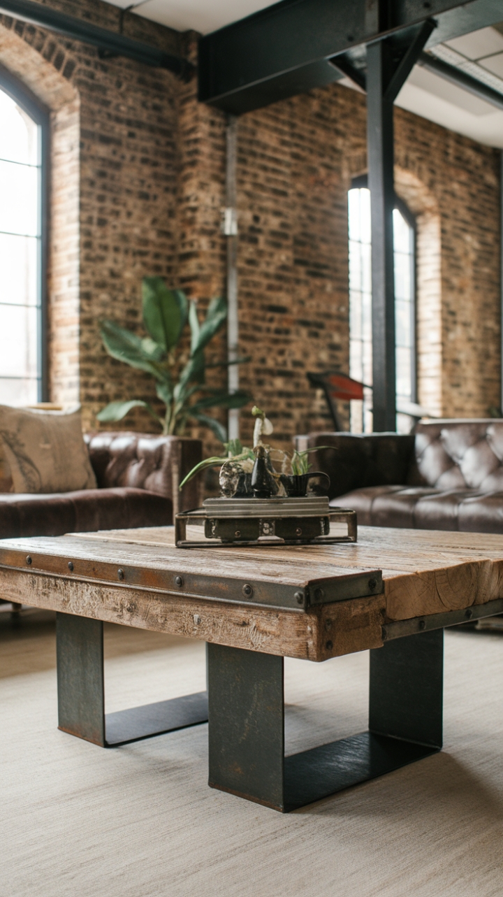 Imagine this: a rustic coffee table crafted from reclaimed wood, its rich grain and timeworn patina a testament to its history. Thick metal legs provide a striking contrast, anchoring the piece amidst the exposed brick and industrial beams of a loft space. Paired with a plush sofa and a touch of greenery, it's the perfect centerpiece for a space that's both stylish and comfortably lived-in, a harmonious marriage of industrial and rustic design.
