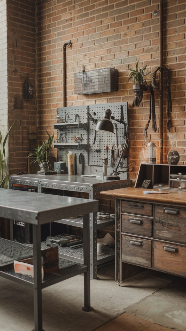 Ready to rediscover the romance of raw, industrial chic? This vintage workspace, a symphony of reclaimed wood and gleaming steel, whispers tales of creativity and craftsmanship. A rustic wooden desk, adorned with a verdant plant and a warm lamplight, sits alongside a sturdy metal workbench, its surface hinting at projects past and future. The exposed brick backdrop adds a touch of urban grit, creating a space that's both inspiring and undeniably stylish.