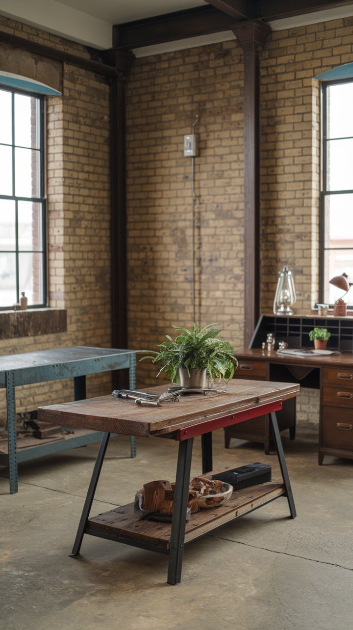 Raw, reclaimed beauty meets refined industrial chic. This loft space, defined by exposed brick and steel beams, is anchored by a trio of vintage workhorses: a reclaimed wood table, a sturdy metal workbench, and a character-filled desk. Each piece whispers tales of bygone eras, while the carefully curated tools, plants, and lighting fixtures add a touch of modern artistry. The concrete floor grounds the space, creating a haven of textured contrasts and unexpected elegance.