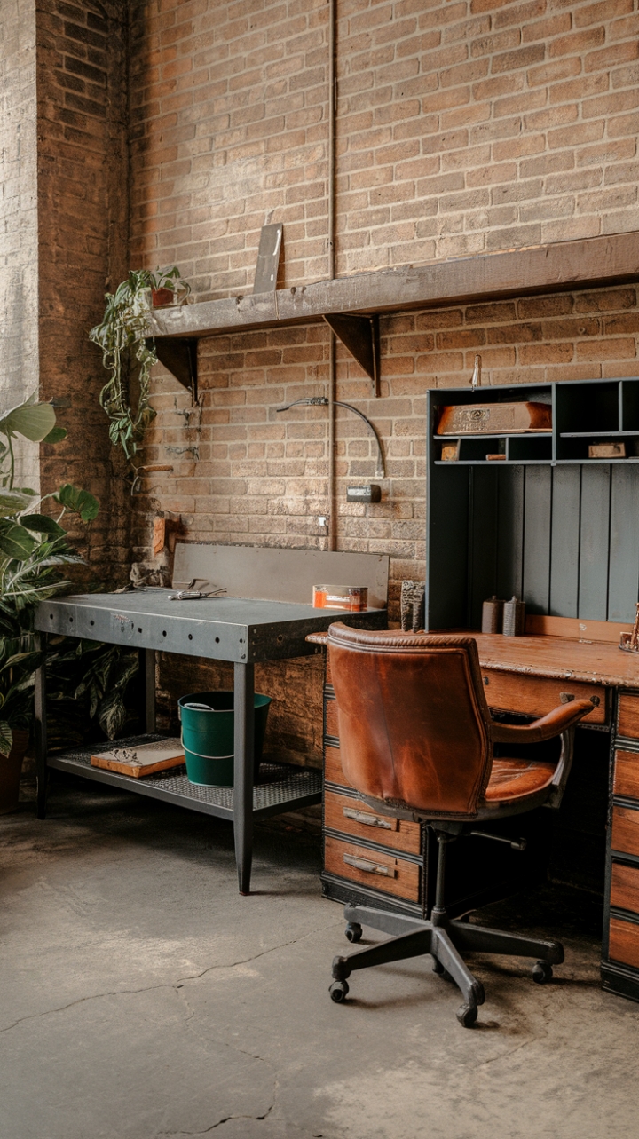Ready to rediscover the charm of industrial chic? A vintage workbench, brimming with character and patina, shares space with a classic leather desk, creating a workspace that's both functional and fiercely stylish. Exposed brick, concrete floors, and pops of greenery complete this rustic haven, a testament to the beauty of blending eras and textures.