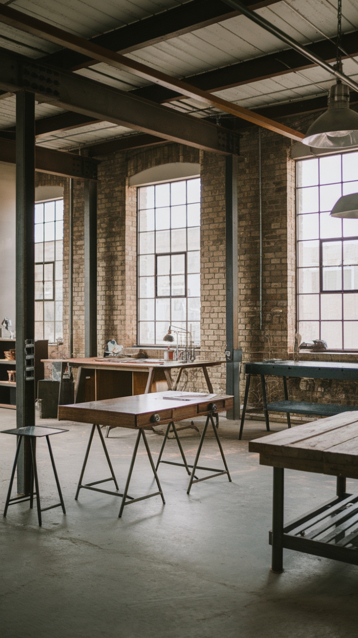 Concrete floors meet a curated collection of vintage finds: a sturdy metal workbench, a rustic wooden desk, and a statement pendant light, all harmonizing within this loft-style sanctuary. The perfect blend of rugged and refined, this space is an ode to industrial design's enduring allure.