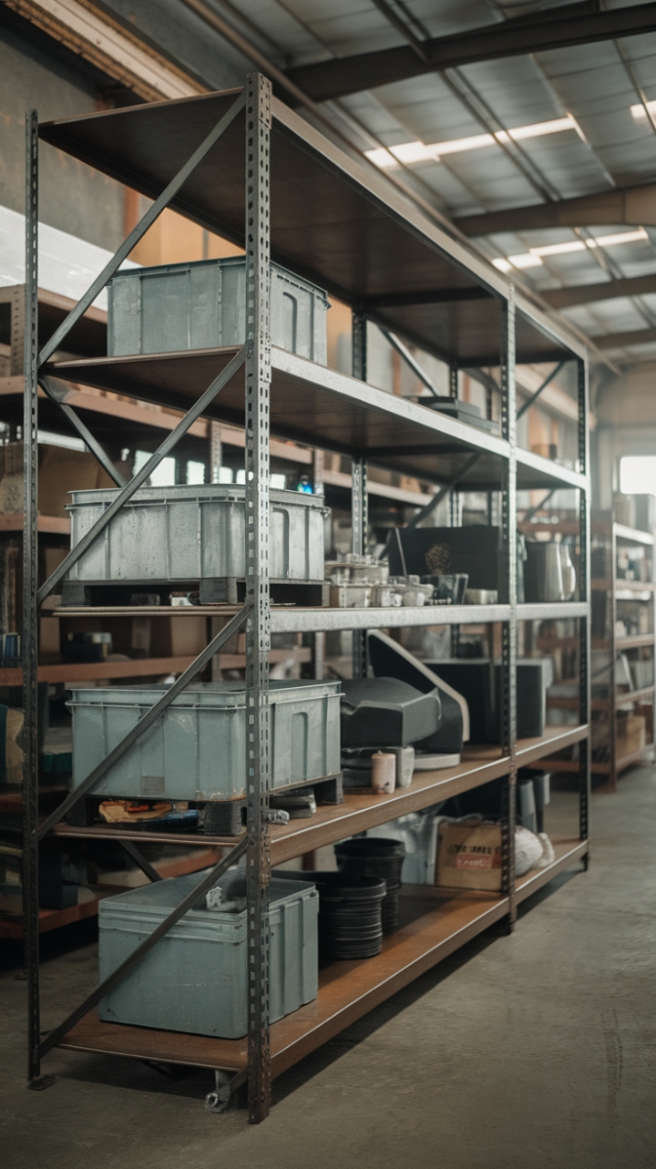 Love the look of reclaimed industrial design? This heavy-duty metal shelving unit is a showstopper. Its imposing presence and functional design are perfect for showcasing your curated collection of tools, vintage finds, and everyday essentials. The bright warehouse setting highlights the unit's raw beauty and hints at the endless possibilities for personalization and creative storage solutions. This isn't just storage; it's a design statement.