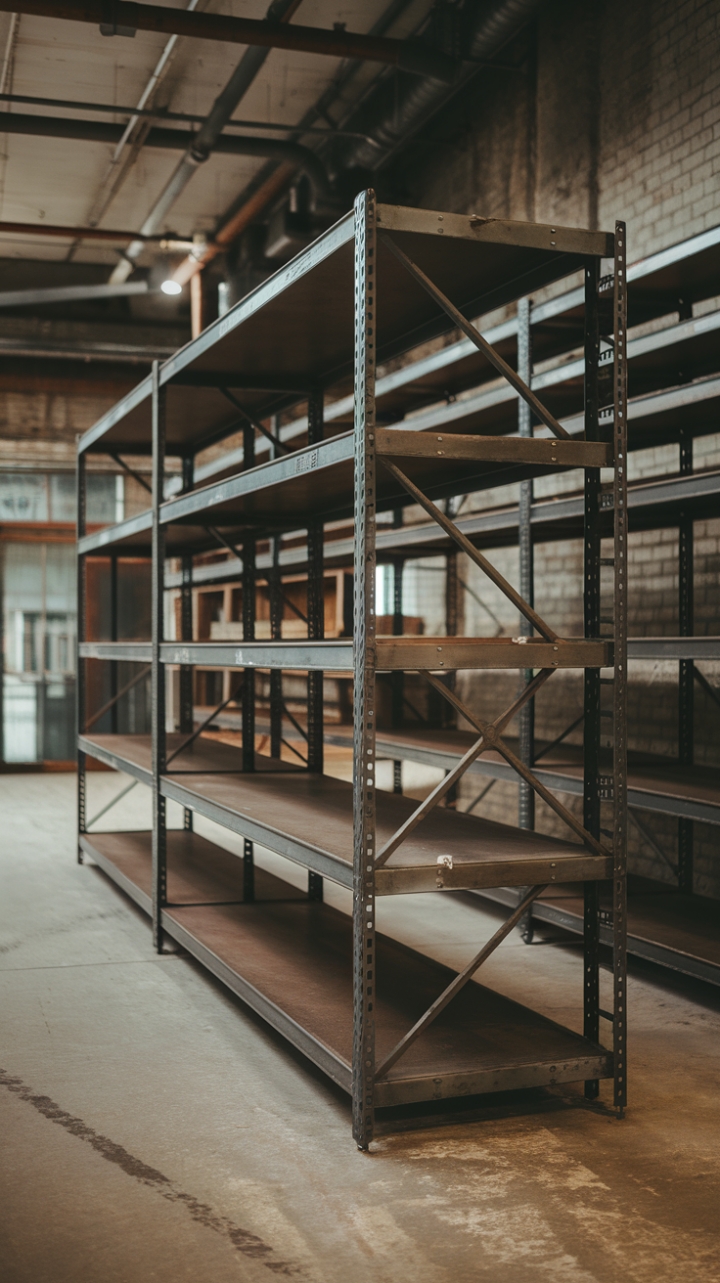 A symphony of steel and concrete: This isn't just storage; it's a statement piece. The vintage industrial shelving unit, bathed in bright light against a backdrop of brick and weathered metal, speaks volumes about a design aesthetic that's both bold and beautifully understated. Its robust presence is a captivating focal point, promising endless possibilities for showcasing your unique style.