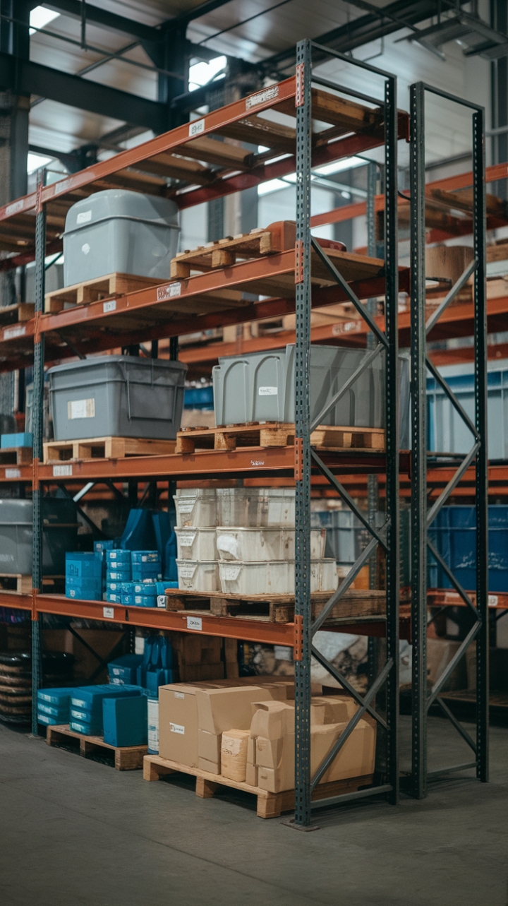 Ready to inject some serious industrial chic into your living space? This image showcases a heavy-duty steel shelving unit, a true workhorse transformed into a design masterpiece. The carefully arranged containers and boxes hint at a curated collection, proving that even functional storage can be beautifully styled. The warehouse backdrop adds a touch of gritty authenticity, making this rack a conversation starter and a testament to repurposed beauty.