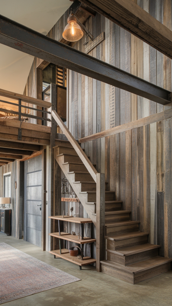 Ready to fall in love with rustic charm? This vintage-inspired farmhouse boasts a breathtaking loft living area, where reclaimed wood walls whisper tales of the past, and a sturdy wooden staircase leads to untold adventures. Metal accents add a touch of industrial edge, while a cozy rug anchors the space beneath a vintage light fixture's warm glow.