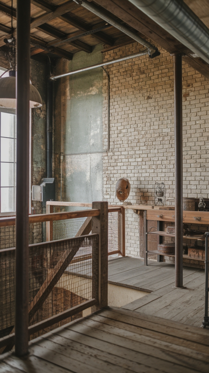 Rustic charm meets industrial edge in this breathtaking loft space. Exposed brick, reclaimed wood floors, and vintage accents create a lived-in, yet utterly stylish atmosphere. The interplay of textures and materials—from the weathered wood railing to the gleaming metal pipe—is a masterclass in design.