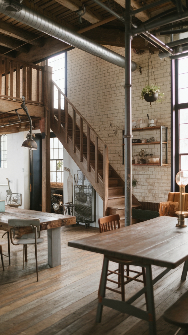 Imagine cozy evenings spent around a weathered wooden table in this stunning industrial farmhouse. The exposed brick walls whisper tales of history, complemented by the warmth of reclaimed wood floors and the cool gleam of metal accents. A vintage lamp casts a soft glow, highlighting the unique character of this loft-style haven, complete with a rustic wooden staircase and charmingly imperfect details.