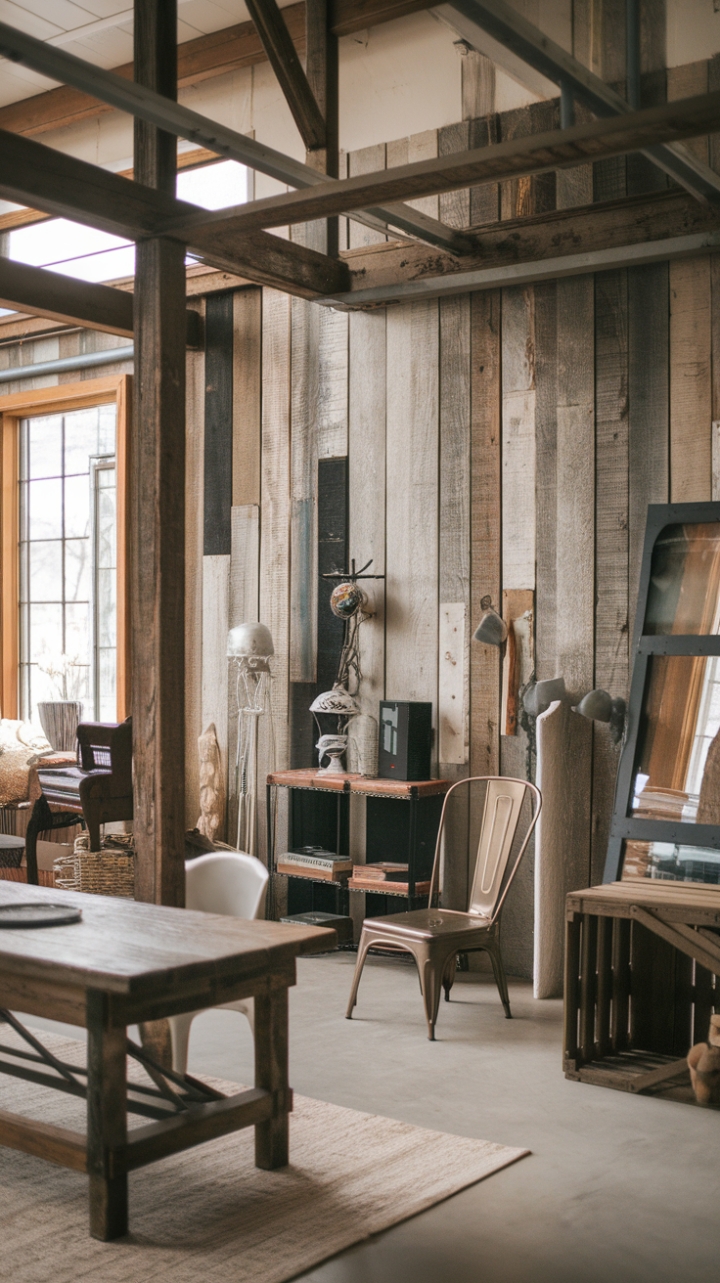 Imagine waking up in this haven of rustic-industrial design. Weathered wood, exposed beams, and a curated collection of vintage treasures combine to create a space that's both strikingly beautiful and undeniably cozy. The blend of antique and modern pieces, from the distressed wooden table to the sleek metal accent chair, speaks to a unique and sophisticated aesthetic.