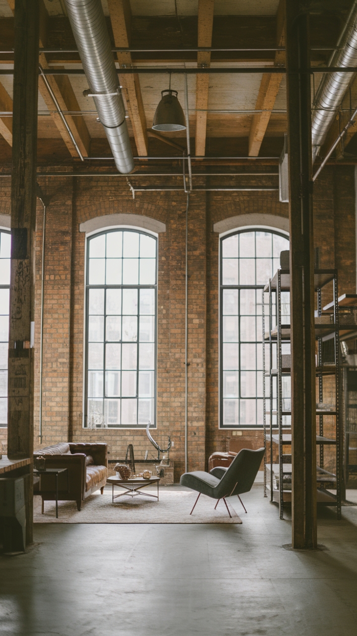 This industrial chic haven is a masterclass in texture and contrast. Reclaimed wood beams and a vintage metal shelf play against the backdrop of exposed brick, creating a dynamic and captivating aesthetic. Minimalist furnishings and a neutral color palette allow the architectural details to truly shine, resulting in a space that's both stylish and surprisingly serene.