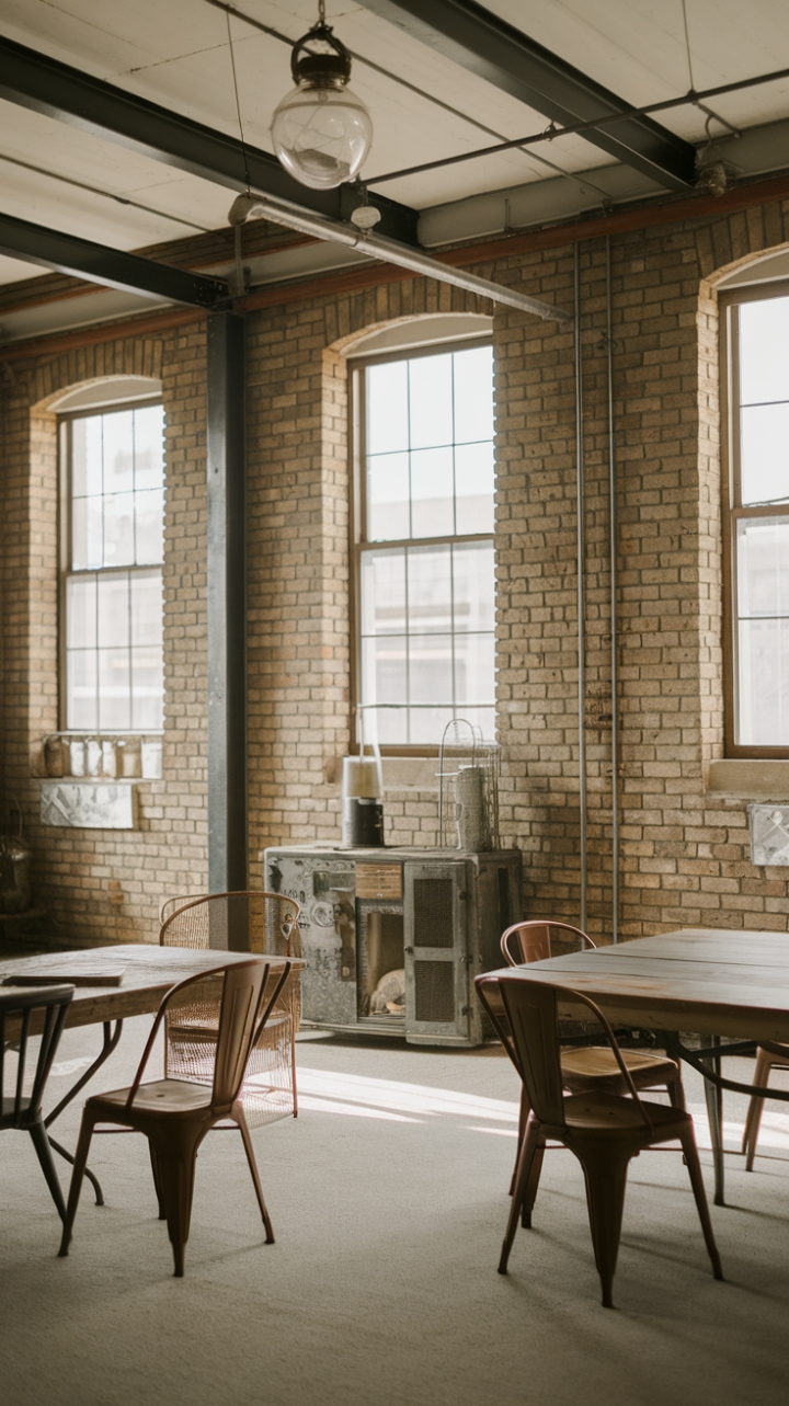Imagine evenings spent under the glow of a vintage pendant light, the warmth of reclaimed wood grounding the cool metal accents in this breathtaking industrial loft. High ceilings and exposed brick walls create a dramatic backdrop for a sparsely furnished space, where every piece tells a story.