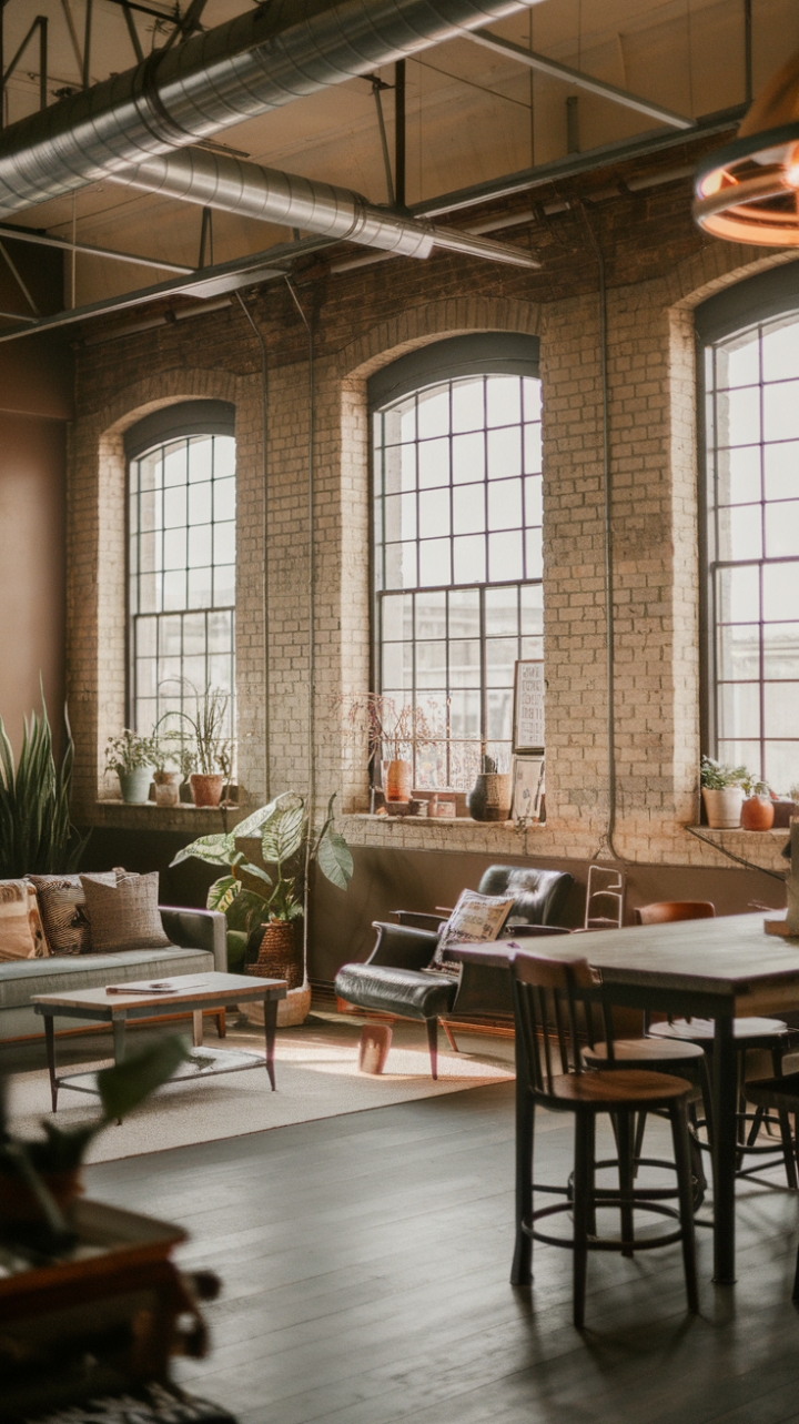 High ceilings and exposed brickwork define the dramatic space of this vintage industrial loft. A curated collection of minimalist furniture, including a reclaimed wood table and plush seating, balances the raw aesthetic with unexpected warmth and inviting comfort. The perfect blend of urban edge and cozy retreat.