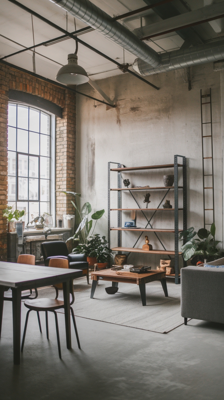 Ready to fall for raw, urban elegance? Exposed brick whispers stories of the past, while sleek metal and reclaimed wood create a haven of modern minimalism. This loft's high ceilings and concrete floors are a canvas for industrial chic, punctuated by pops of greenery and comfortable seating.