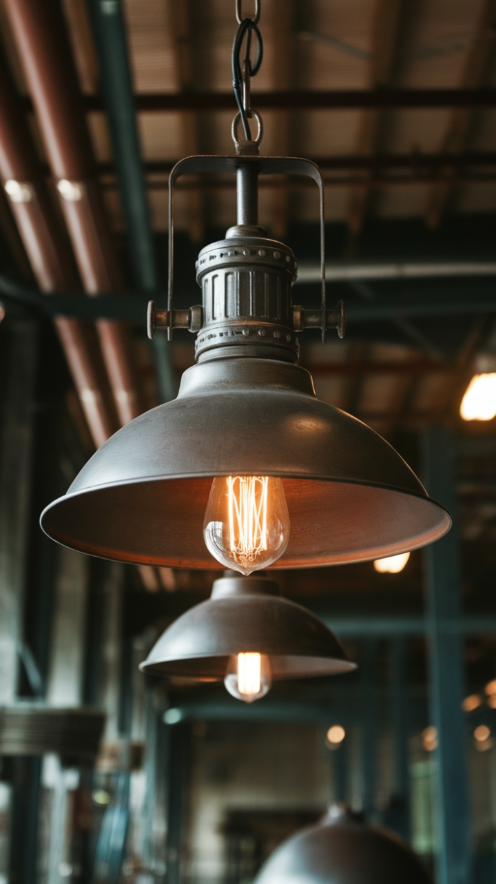 Imagine this vintage industrial lamp hanging proudly in your home—a testament to reclaimed beauty and timeless design. The exposed bulb and metalwork speak volumes of its past life in a bustling factory, while its warm, rustic illumination creates a captivating ambiance. Perfect for adding a touch of steampunk flair to your space.